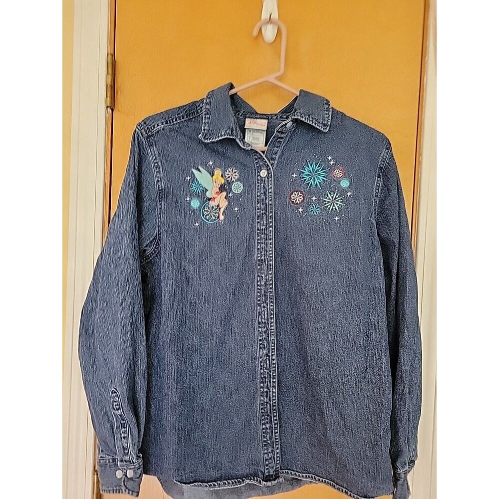 Tinker Bell Denim Jean Shirt Button Down Disney Holiday Size LARGE